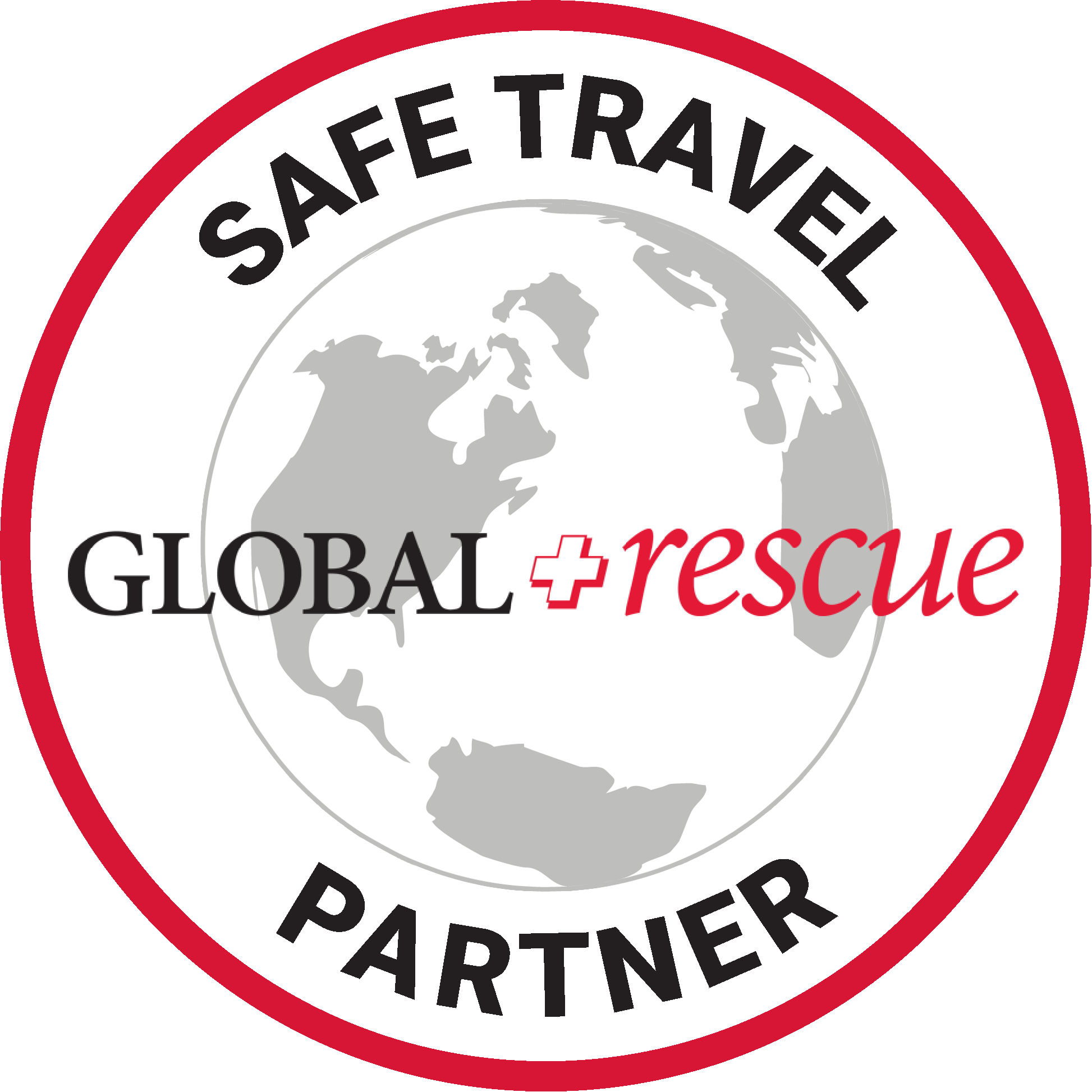 A circular badge with a world map in gray and white, featuring the text 'SAFE TRAVEL' at the top, 'GLOBAL rescue' in the center, and 'PARTNER' at the bottom, with a red outline.