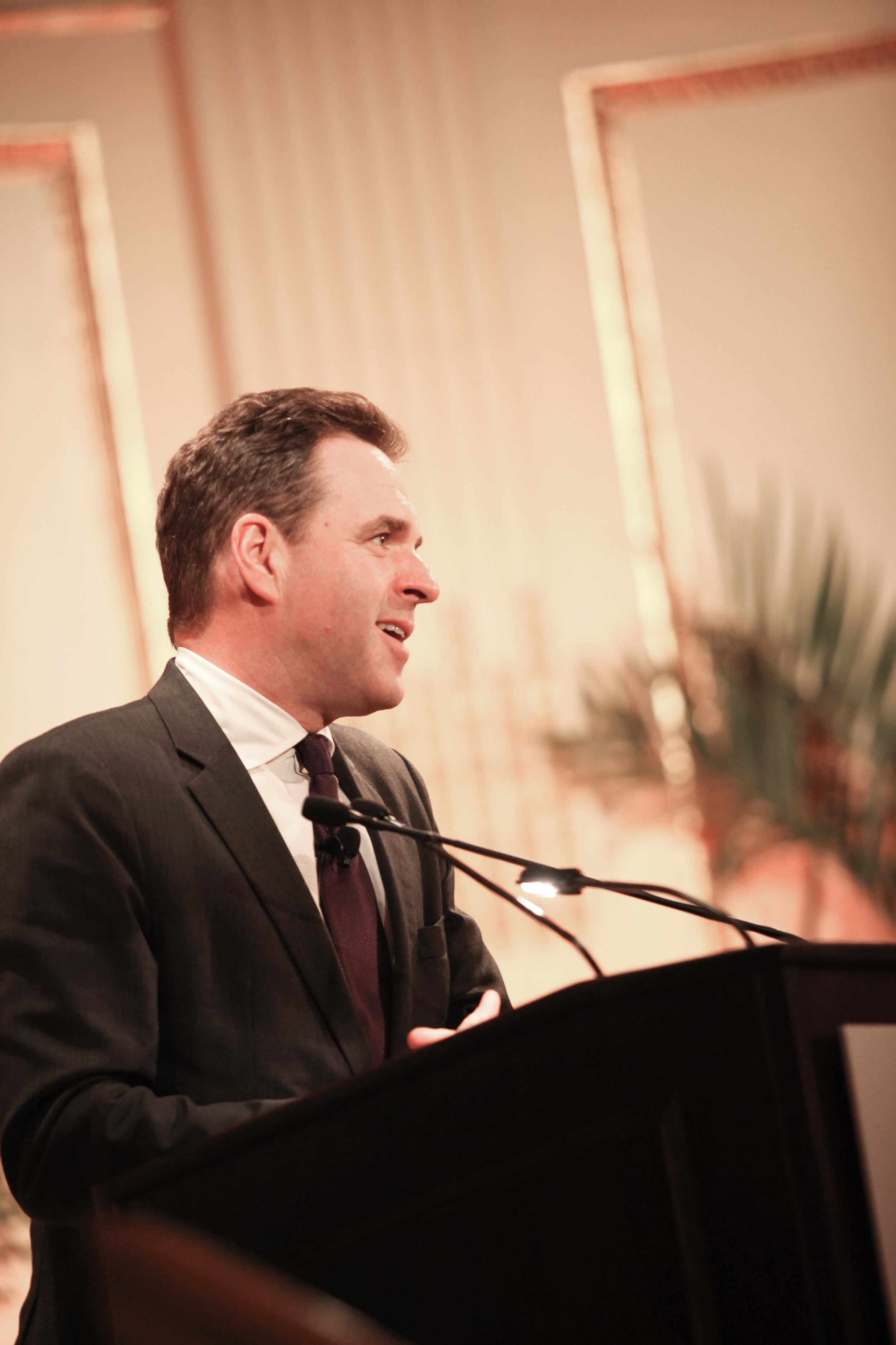 Man in a suit speaking at a podium in a formal setting.