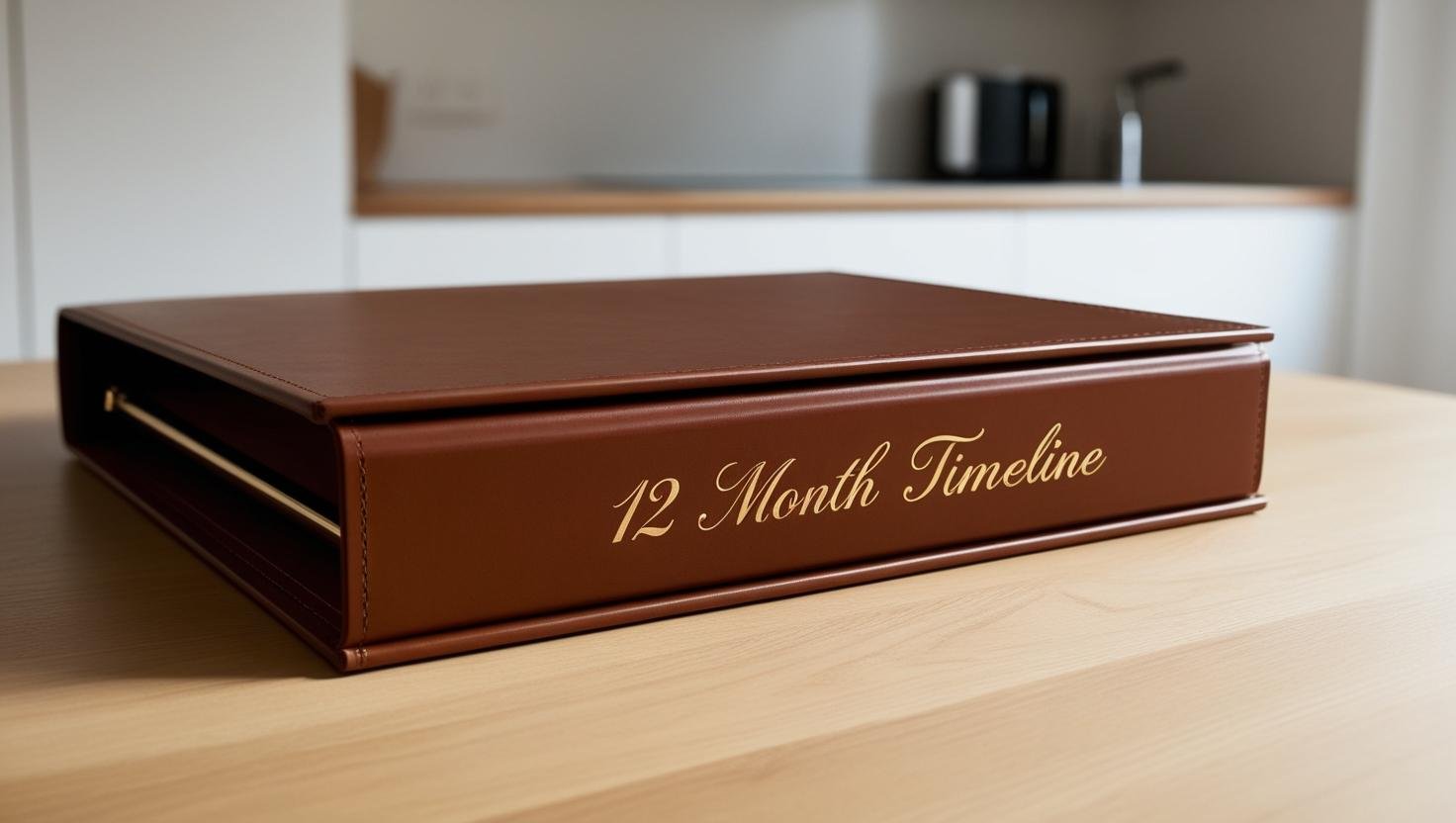 a crips photograph shot at a slightly higher angle, a leather binder with '12 Month Timeline' in gold cursive on a wooden table with a minimalist kitchen table out of focus in the background.jpg