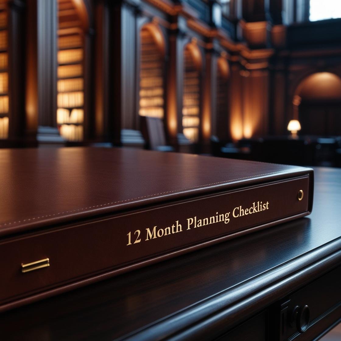 Can you create an image of a leatherbound binder laying on its side on a desk with gold letter on the side that says 12 Month Planning Checklist, with an out of focus background of a library .jpg