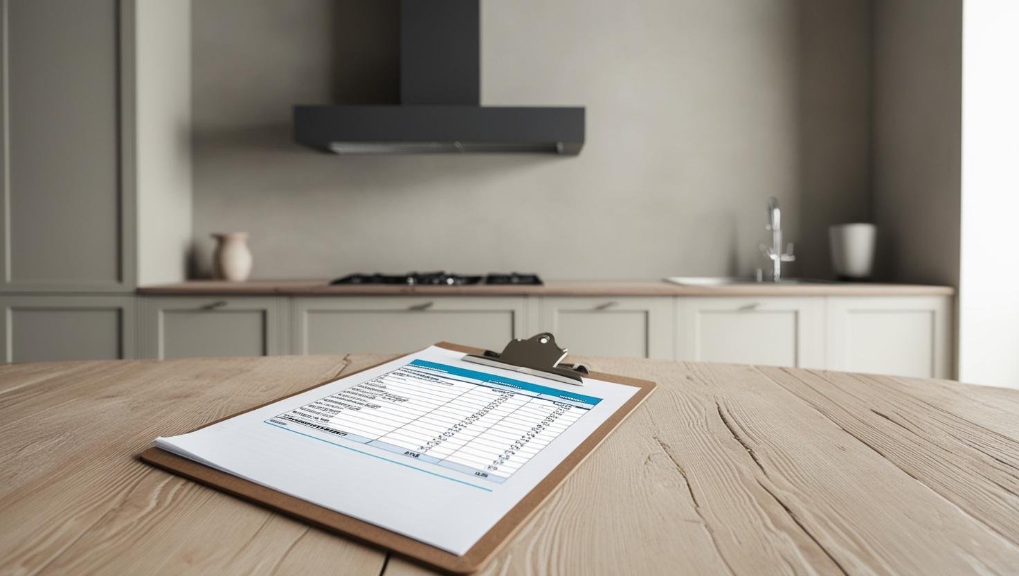 Create an image of a clipboard with a spreadsheet on it sitting on a wooden table in a minimalist kitchen out of focus in the background.jpg