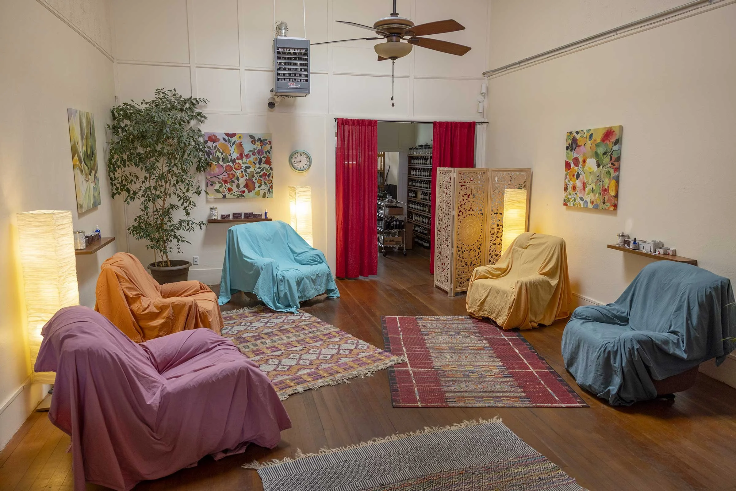 The community treatment room at Petaluma Community Acupuncture & Remedy Apothecary is a peaceful space for affordable acupuncture in downtown Petaluma.