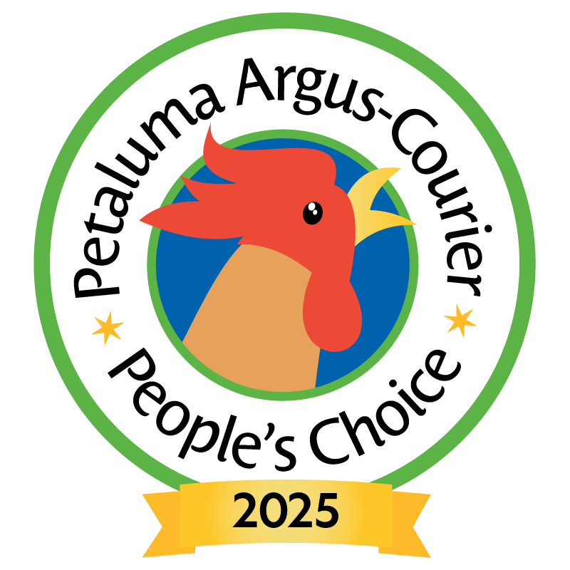 Logo for Petaluma Argus-Courier People's Choice 2025, featuring a cartoon hen within a circular emblem with green, white, and blue elements.