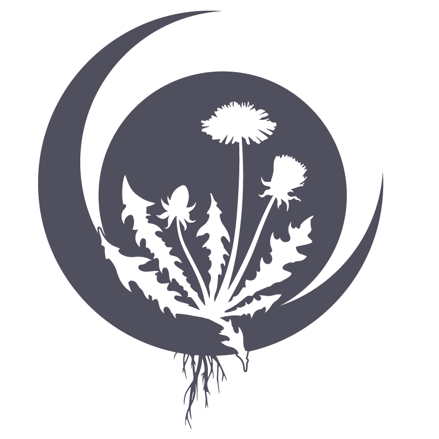 The Petaluma Community Acupuncture & Remedy Apothecary logo mark with a sickle moon and silhouette of a dandelion against a circle.