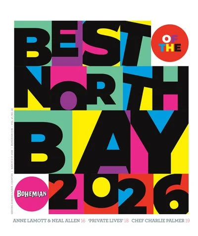 Colorful poster with large letters spelling "Best North Bay 2026" and smaller text "of the", with names Anne Lamott, Neal Allen, and Chef Charlie Palmer at the bottom.
