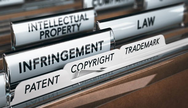 File folders labeled intellectual property, law, infringement, patent, copyright, trademark.