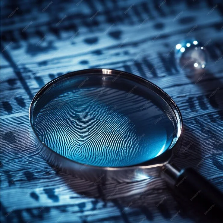 Magnifying glass revealing fingerprint on blue background with binary code.