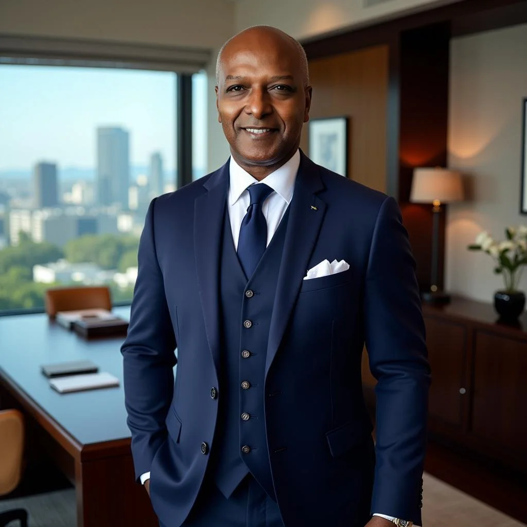 Man in a suit standing in an office with a cityscape view.