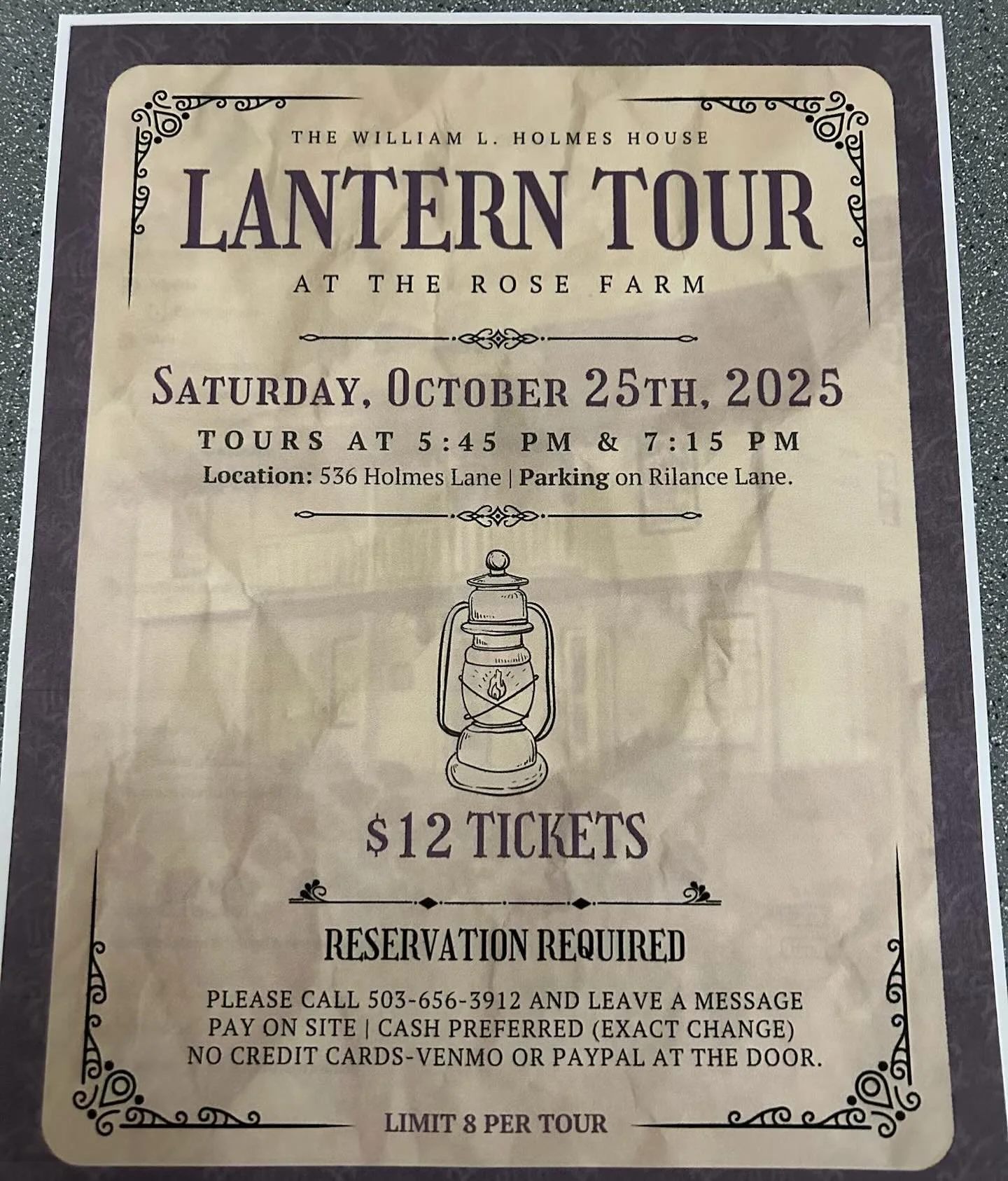 Looking for a festive Fall event? Join us at one of our upcoming lantern tours at the Holmes House on Saturday October 25. Tours will take place at 5:45 PM and 7:15 PM.  Reservations required. Please call the listed number to reserve your spot today.