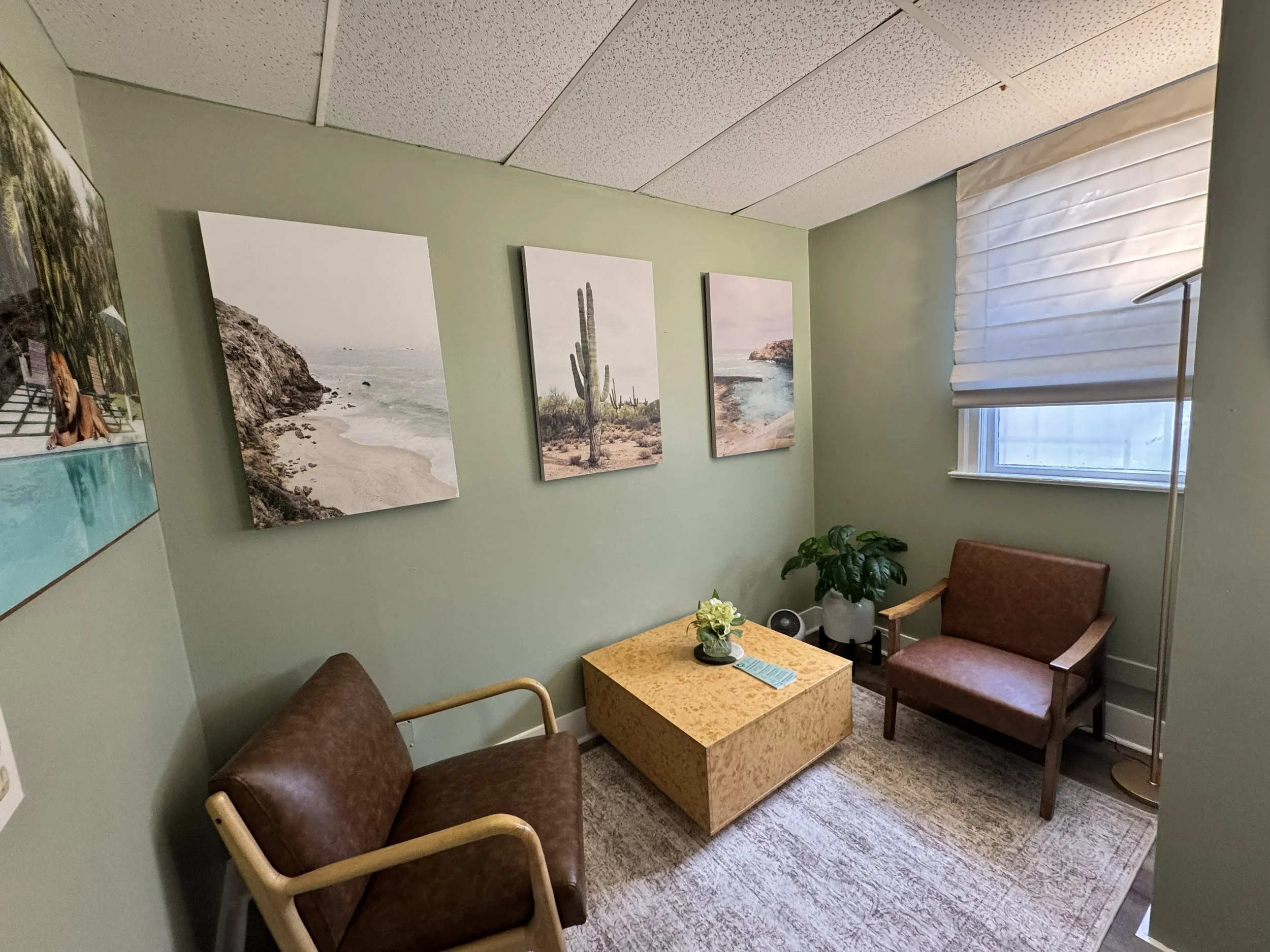 Warm patient centered office with two brown armchairs, a small yellow wooden table with a vase of flowers and a plant, a window with blinds, and three landscape photos on a light green wall.