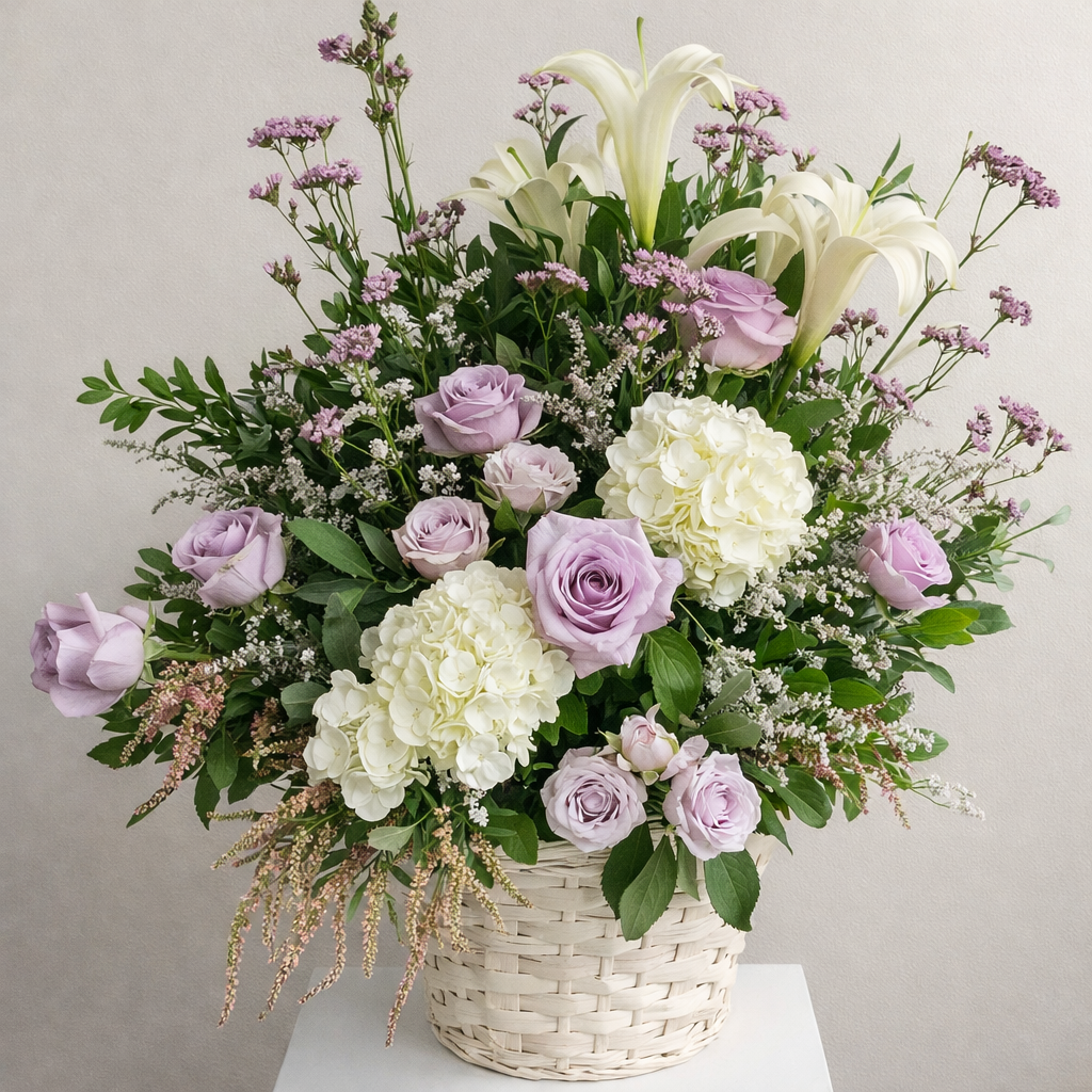 A floral arrangement in a white wicker basket with white lilies, lavender roses, white hydrangeas, and pink accents, against a plain wall background.