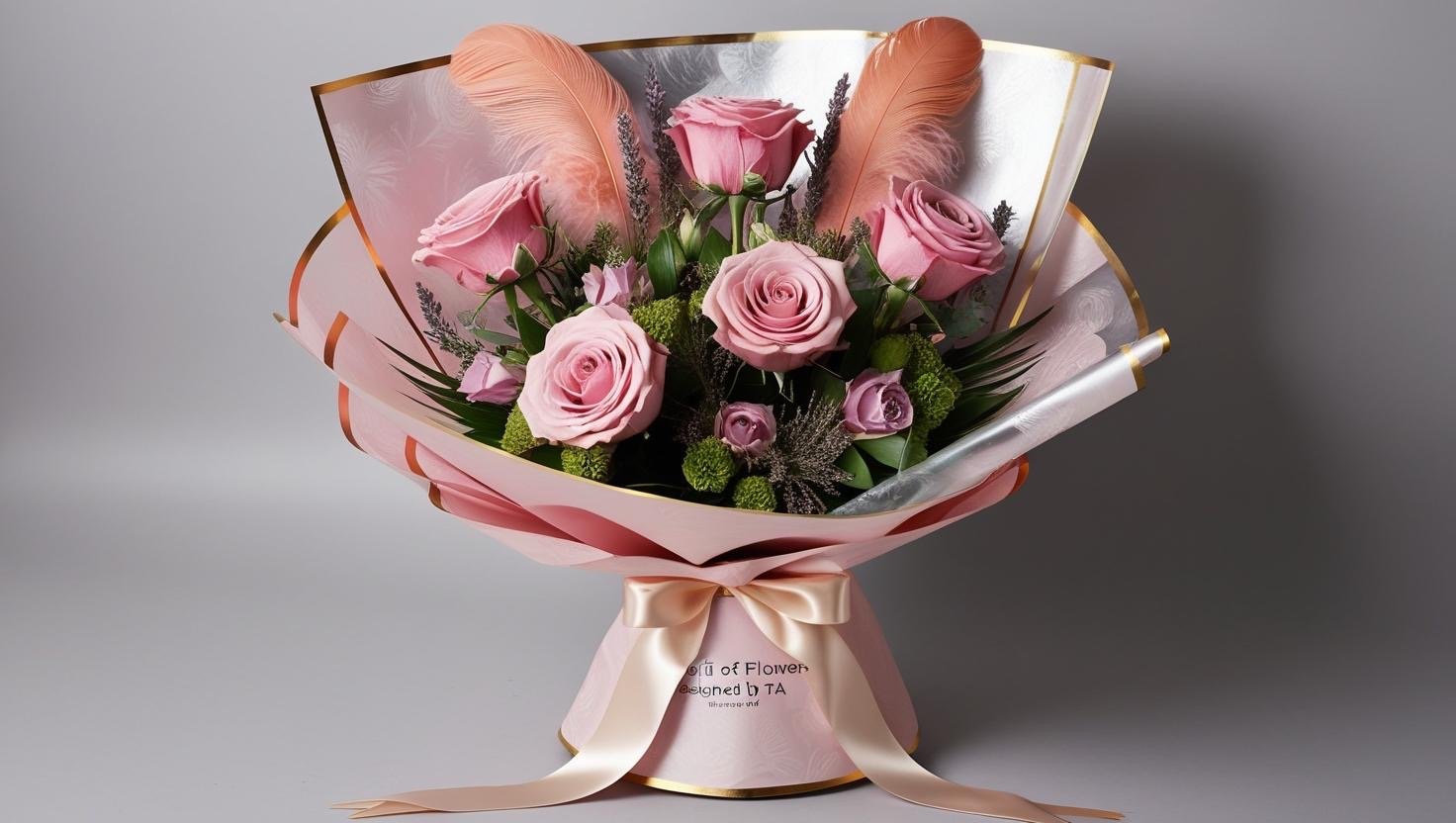Picture a bespoke bouquet of six deluxe long stem roses in hues of pink please add greens with a few filler flowers and sprigs of lavender and a few pale orange pampas feathers. The bouquet is wrapped with pale pink and silver translucent waterproof.jpeg