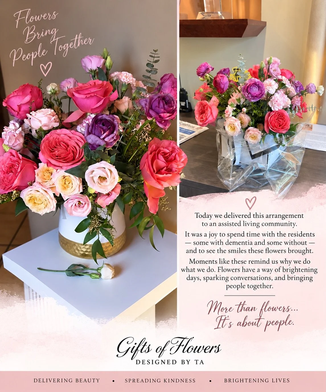 We had the privilege of delivering this arrangement to an assisted living community today. It was such a joy to spend time with the residents - some with dementia and some without - and to see the smiles these flowers brought.
The conversations, the 
