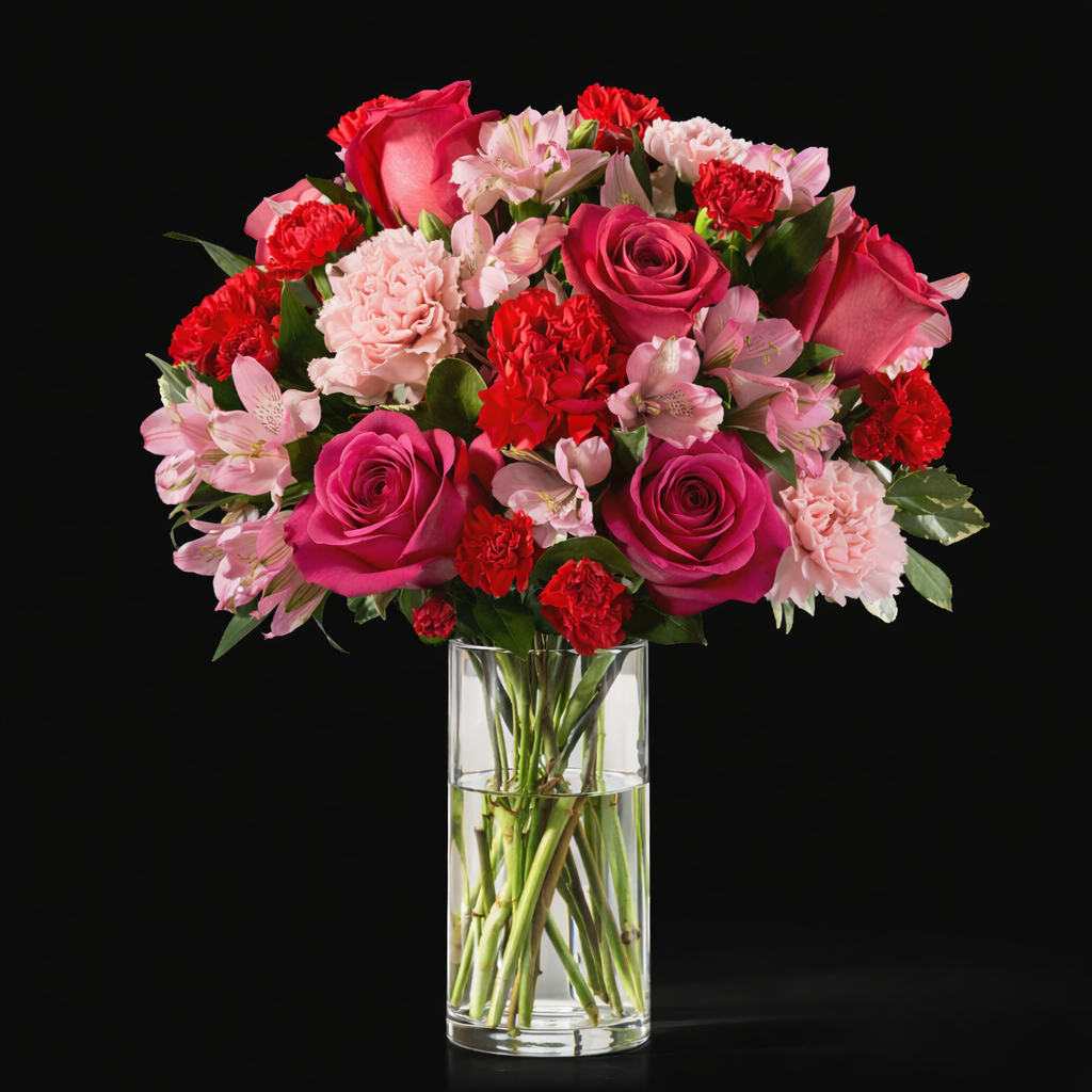 A sweet mix of roses, carnations, and seasonal blooms in a clear vase — romantic, affordable, and handcrafted in Feeding Hills by Gifts of Flowers Designed by TA.