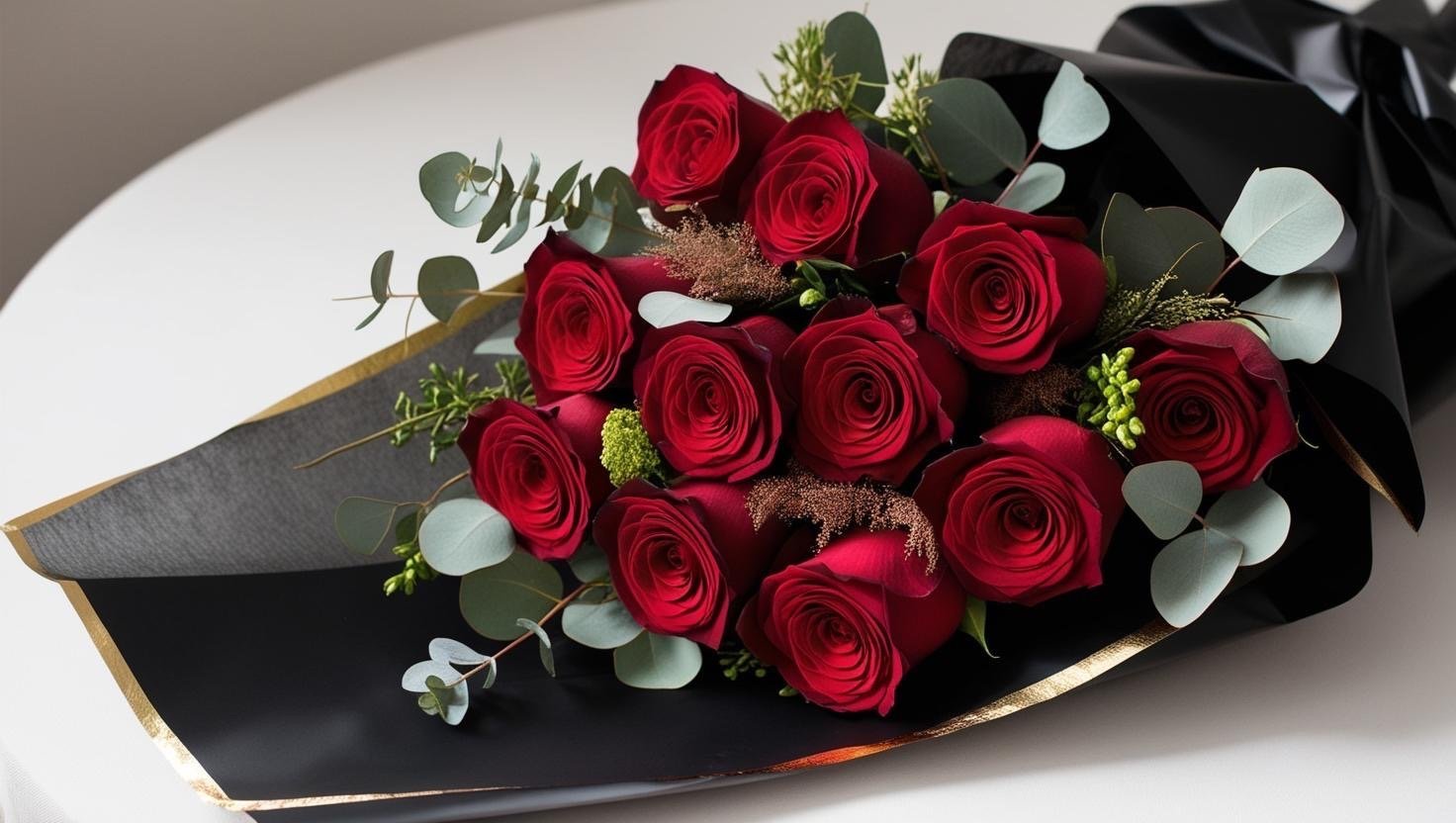 Picture+a+bespoke+bouquet+of+12+long+stem+roses+in+hues+of++red++please+add+greens+with+a+few+filler+flowers.+The+bouquet+is+wrapped+with+black+translucent+waterproof+Korean+style+floral+paper+the+edges+of+the+paper+a+trimmed+in+gold.jpg