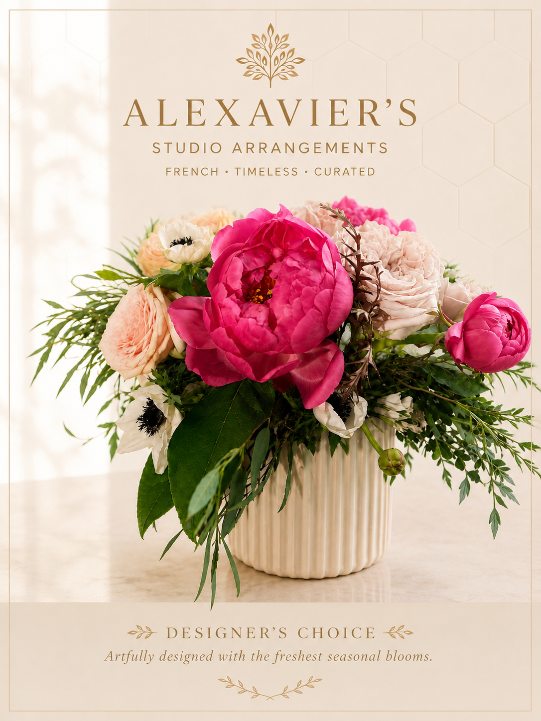 A floral arrangement featuring pink, white, and peach roses and peonies with green foliage in a cream-colored ribbed vase. Text on the image mentions Alexavier's studio arrangements, French, timeless, curated, and designer's choice.