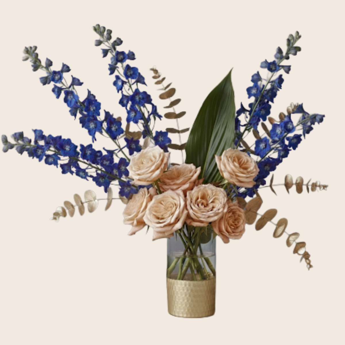 Sapphire & Champagne Champagne Rose and Blue Delphinium Arrangement | Gifts of Flowers Designed by TA
