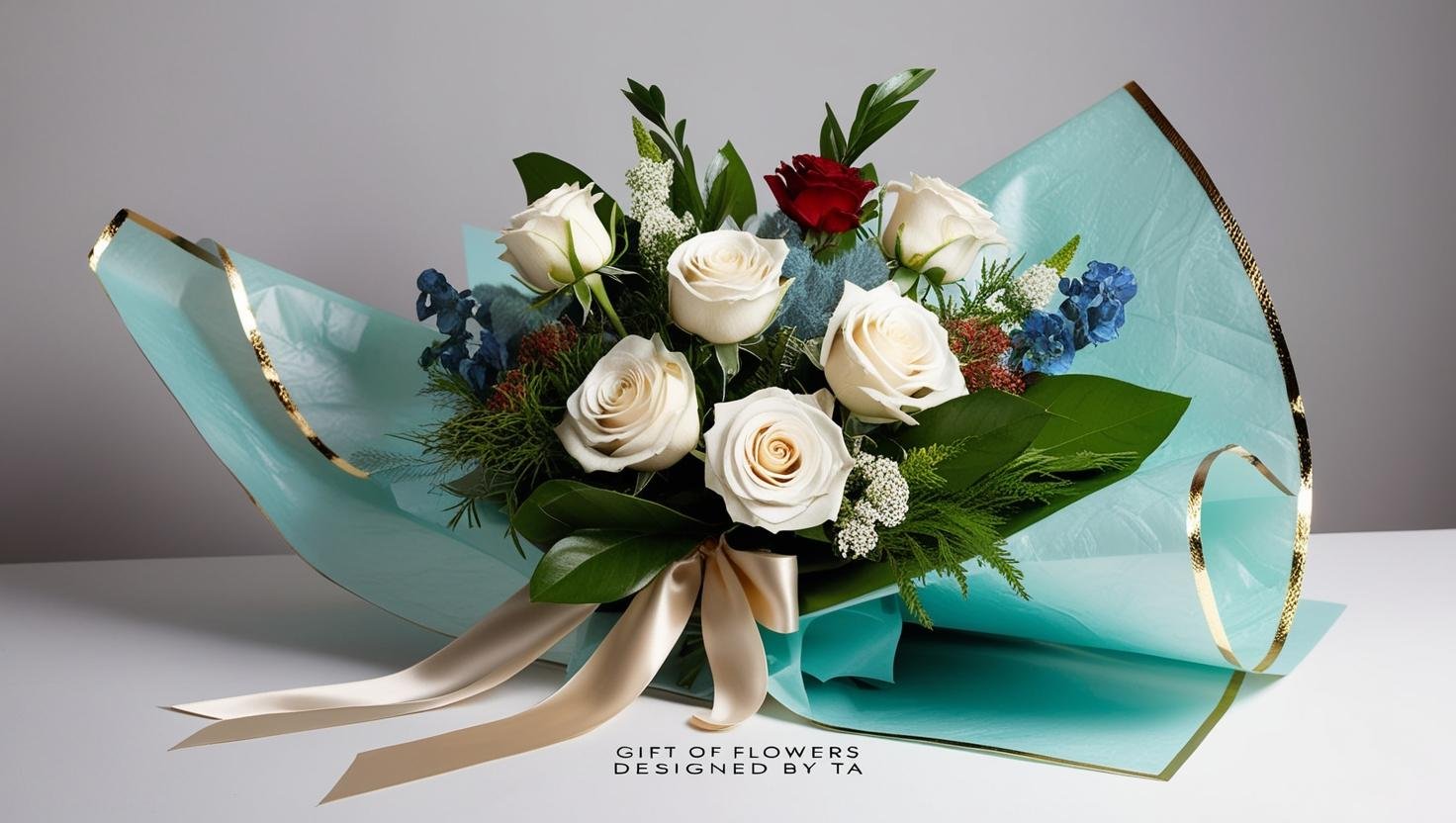 Picture a bespoke bouquet of six deluxe long stem roses in hues of white please add greens with a few filler flowers of tones of red and sprigs blue and queens lace. Also add a flower that asymmetrically hangs out The bouquet is wrapped with pale pa.jpeg
