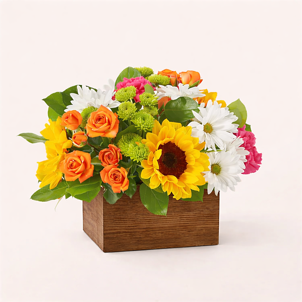 Sunflower flower arrangement with roses and daisies in a modern bloom box. Local delivery available in Agawam, Feeding Hills, West Springfield, and nearby Connecticut towns.