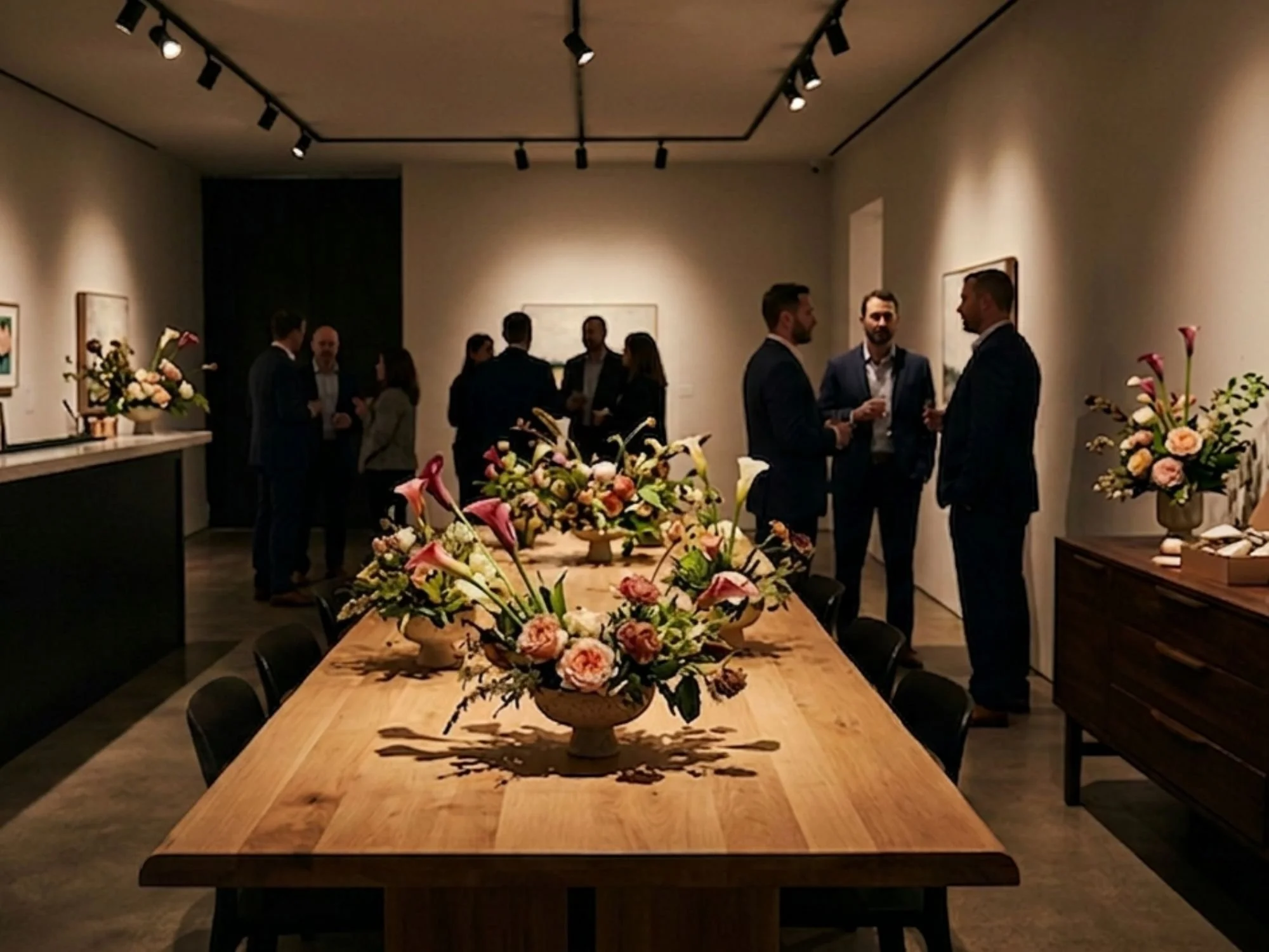 Corporate event floral installation by Gifts of Flowers Designed by TA, featuring multiple arrangements in a gallery setting, Agawam MA