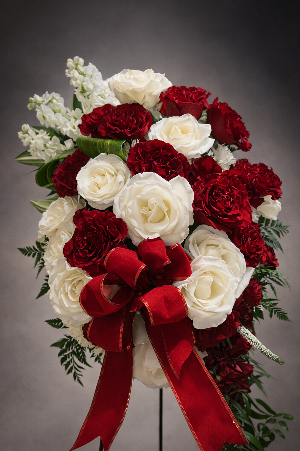 Luxury red and white funeral standing spray featuring Heart garden roses, Eskimo white roses, spray roses, Veronica pom cushions, handcrafted  in Feeding Hills, MA.