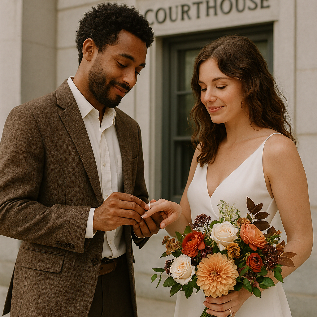 A couple standing outside a courthouse, with the man putting a ring on the woman's finger during their wedding ceremony. The woman is holding a bouquet of flowers purchased from Gifts of Flowers by TA in Agawam Ma.