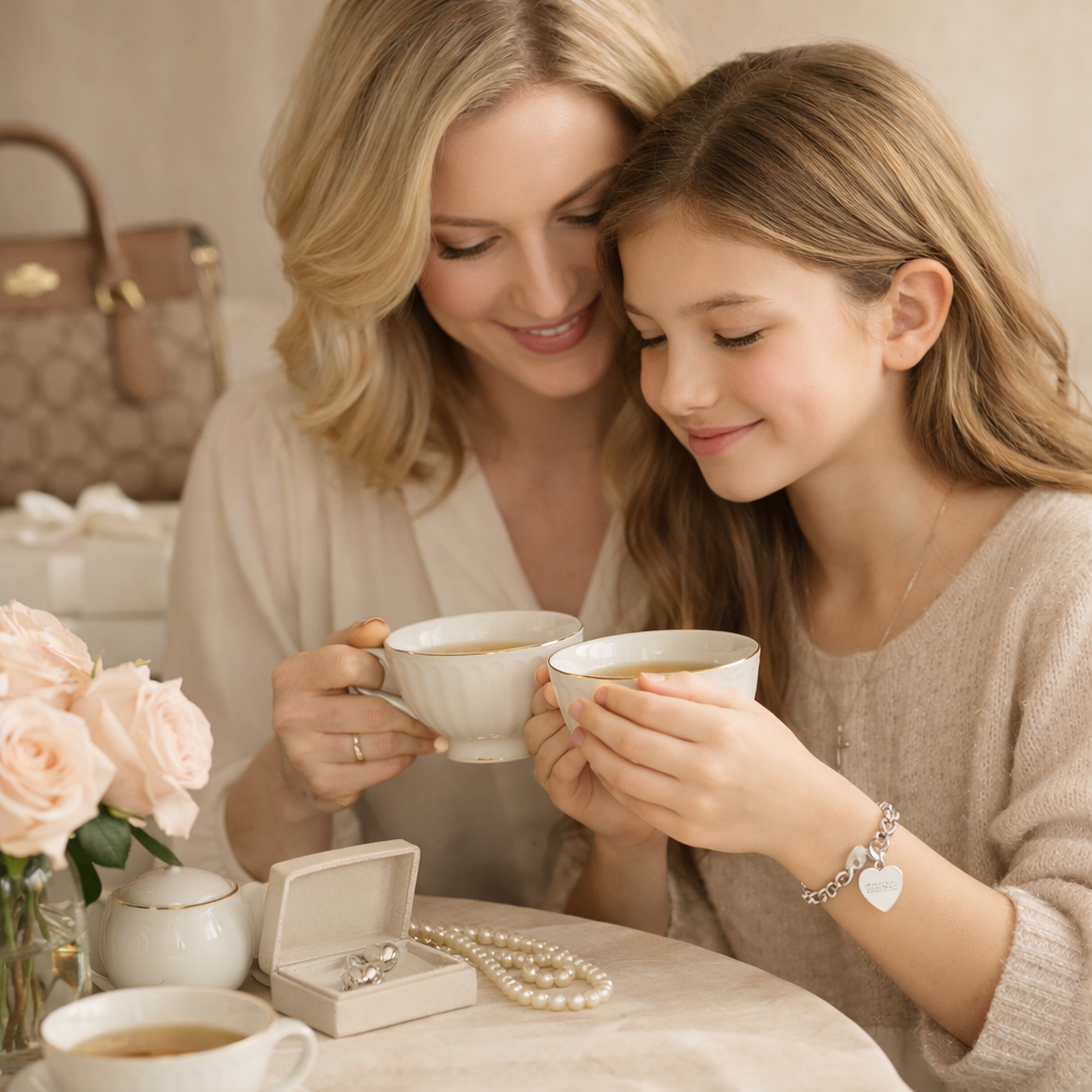 A woman and a girl enjoying tea together at a table with a bouquet of pale pink roses, a jewelry box with rings, and a pearl necklace.