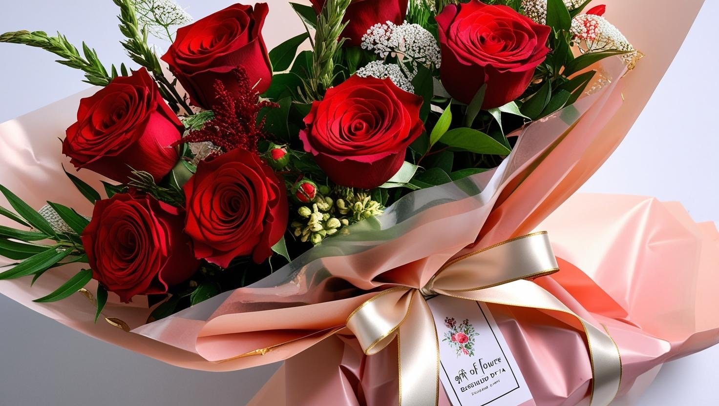Picture a bespoke bouquet of six deluxe long stem roses in hues of red please add greens with a few filler flowers that are tones of red and sprigs of queens lace. The bouquet is wrapped with pale pale peach translucent waterproof Korean style floral.jpeg