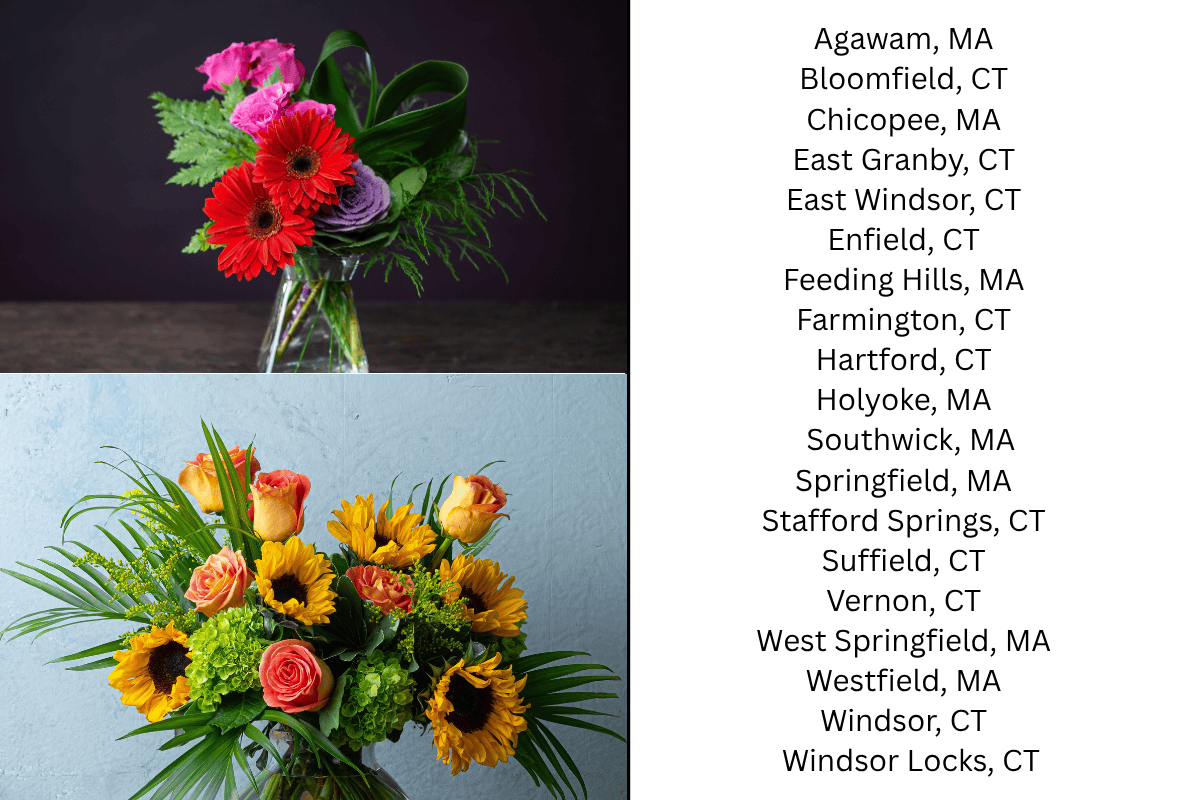 List of delivey areas  with Two colorful flower arrangements, one with pink, red, purple, and green flowers in a clear vase, and the other with yellow sunflowers, pink roses, green hydrangeas, and leafy greenery in a dark-colored vase.