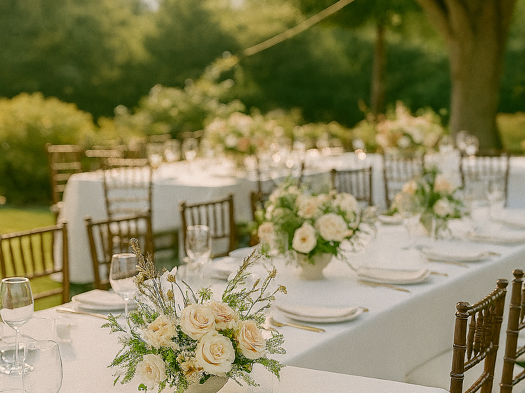 flowers on outside banquet tables