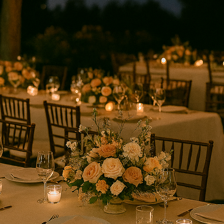 Elegant outdoor dinner setup at night with tables decorated with floral centerpieces, candles, wine glasses, and white tablecloths.