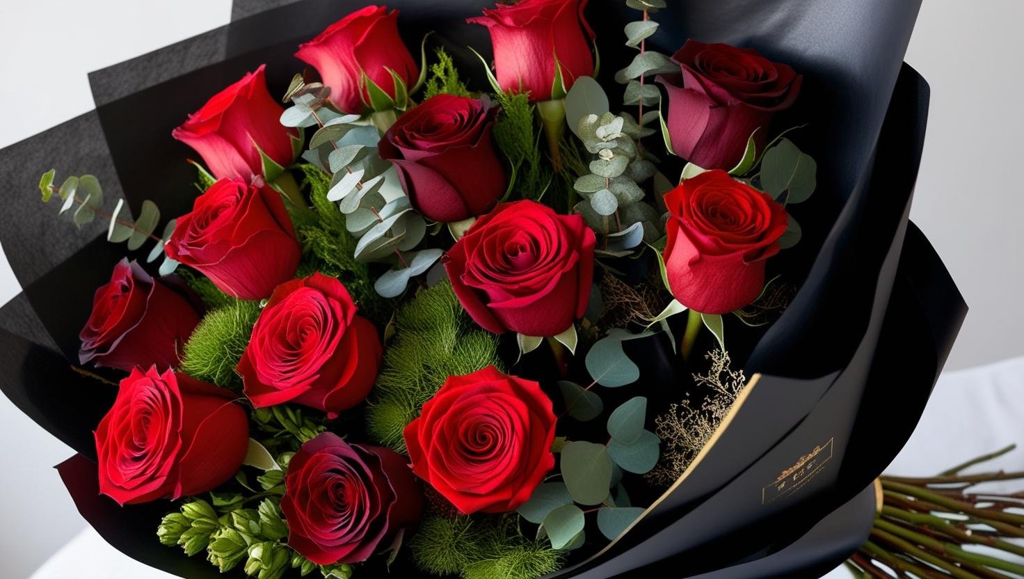 Picture a bespoke bouquet of 12 long stem roses in hues of red please add greens with a few filler flowers. The bouquet is wrapped with black translucent waterproof Korean style floral paper the edges of the paper a trimmed in gold.jpeg