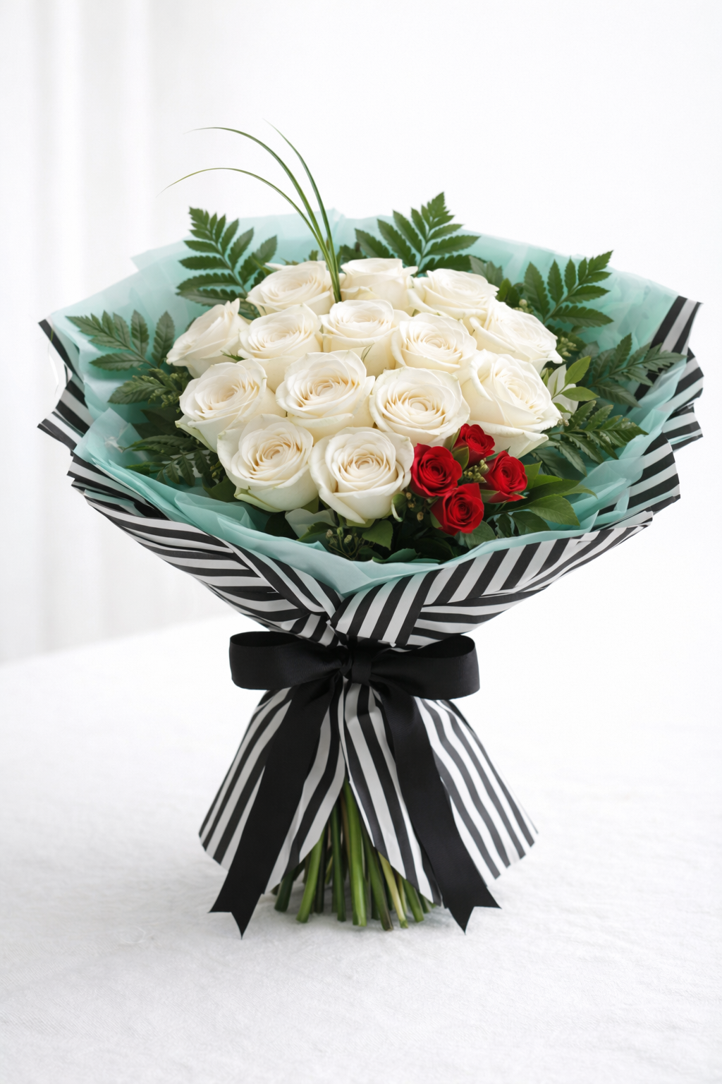 Ivory rose Legacy bouquet with red spray rose accents and soft greenery in a modern hand-tied style