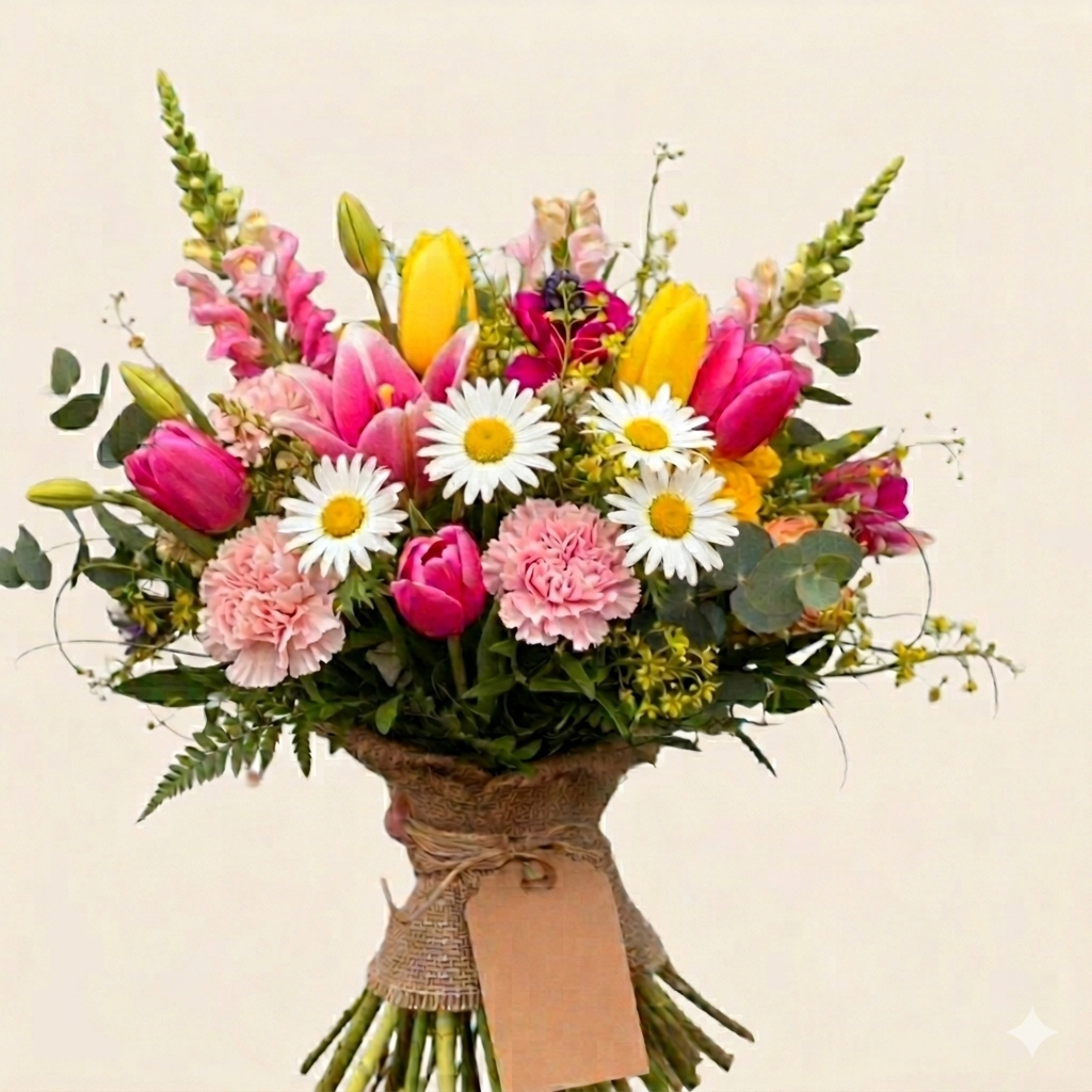 A hand-tied spring bouquet wrapped in rustic burlap featuring yellow tulips, white meadow daisies, and light pink carnations. Prepared by Gifts of Flowers by TA in Feeding Hills, MA.