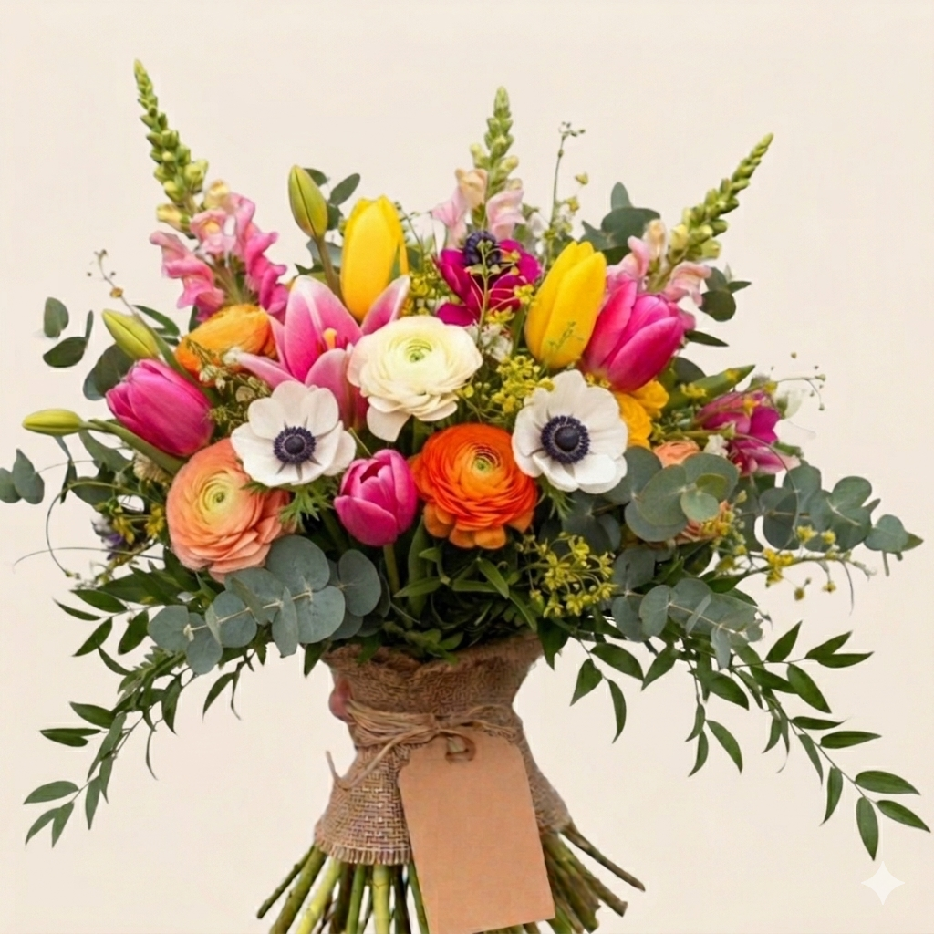 An abundant, oversized burlap-wrapped bouquet featuring extra ranunculus and anemones with long, draping Silver Dollar Eucalyptus and Ruscus greenery. Premium floral design from Feeding Hills, MA