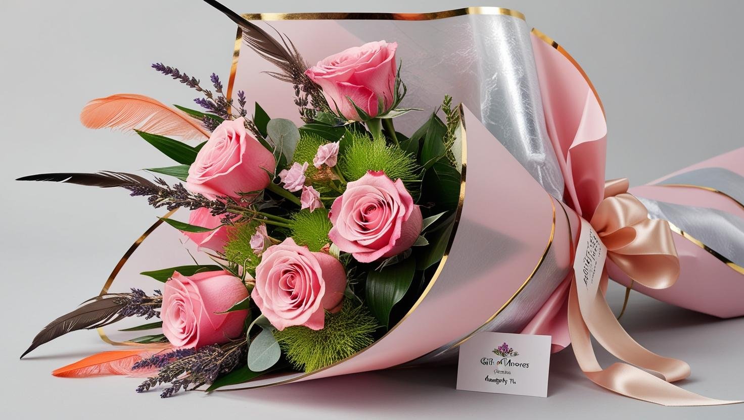 Picture a bespoke bouquet of six deluxe long stem roses in hues of pink please add greens with a few filler flowers and sprigs of lavender and a few pale orange pampas feathers. The bouquet is wrapped with pale pink and silver translucent waterproof.jpeg