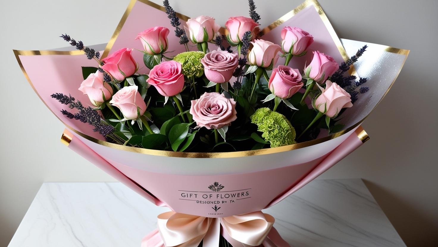 Picture a bespoke bouquet of 12 long stem roses in hues of pink please add greens with a few filler flowers and sprigs of lavender . The bouquet is wrapped with pale pink and silver translucent waterproof Korean style floral paper the edges of the p.jpeg