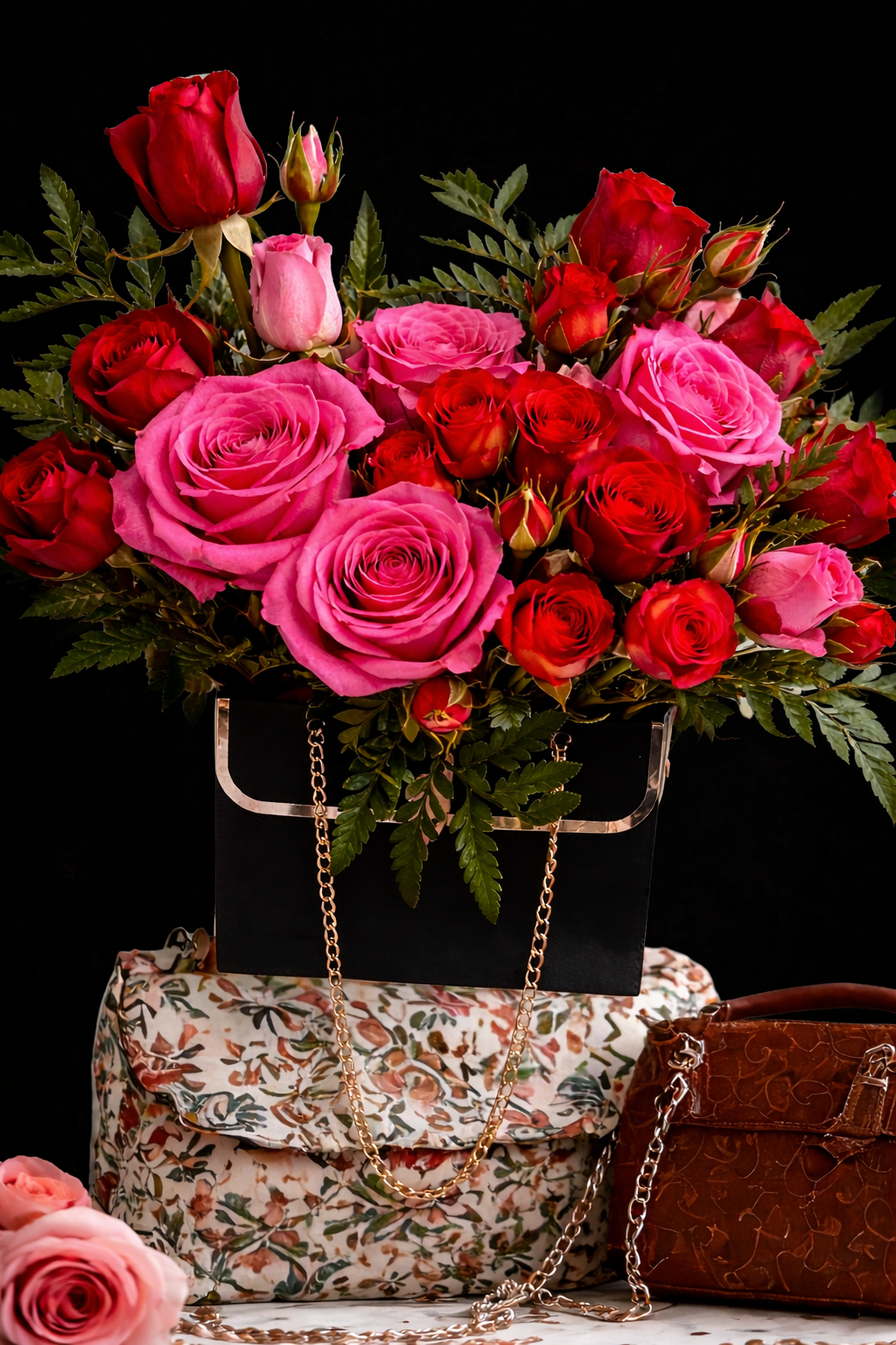 A bouquet of pink and red roses arranged in a black square vase with greenery, displayed on a floral-patterned fabric, along with two handbags, one brown and one dark, with chains.