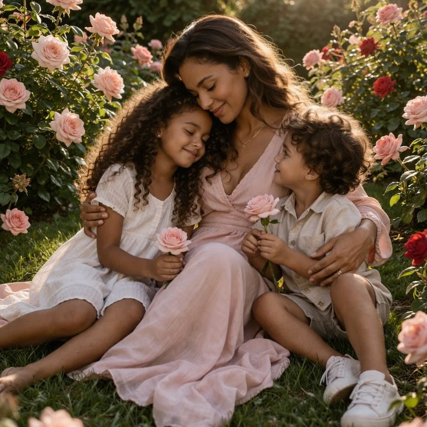 A Mom with two children hugging and smiling in a garden of pink and red roses during sunset.