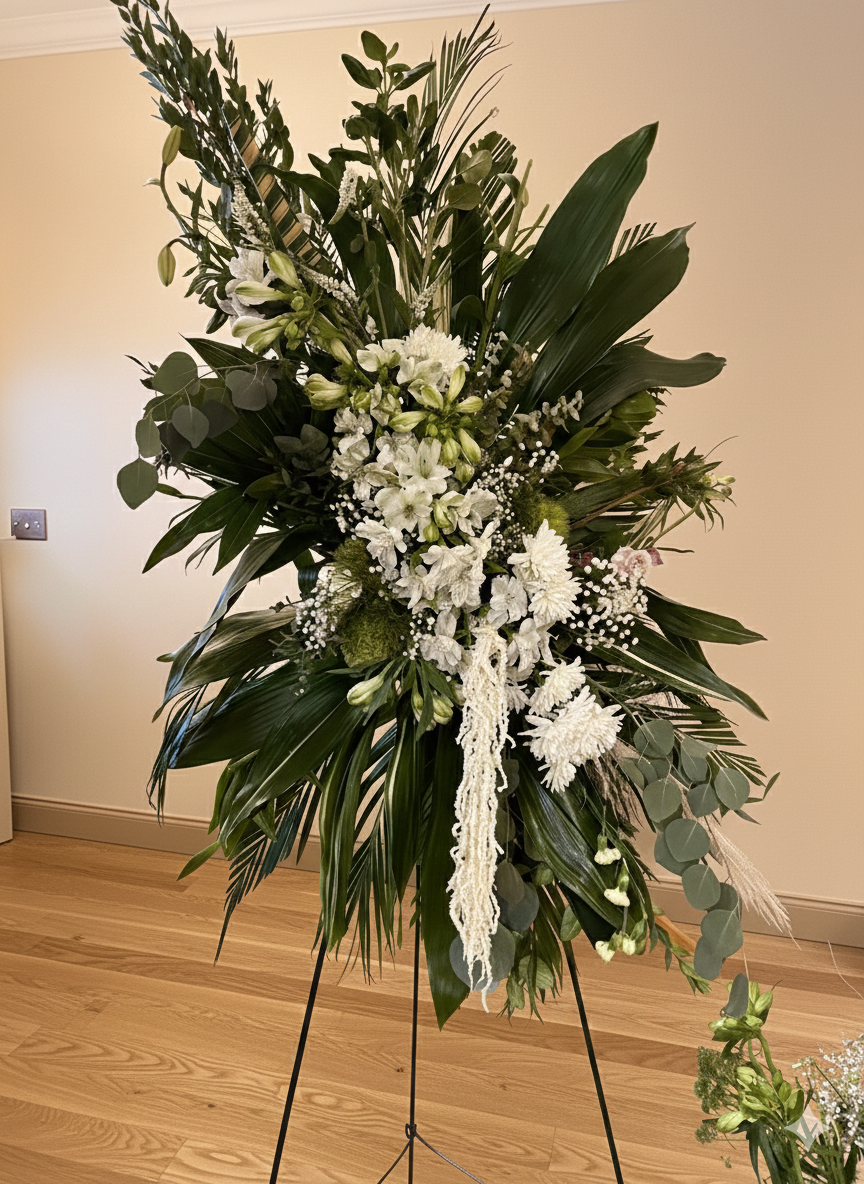 A tall floral arrangement with white flowers and green foliage on a black metal stand indoors against a beige wall.