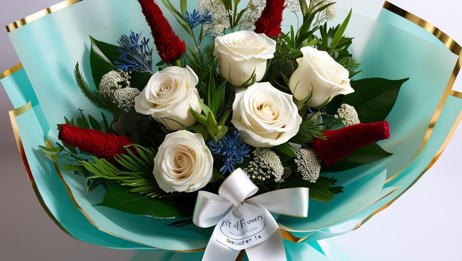 Picture a bespoke bouquet of six deluxe long stem roses in hues of white please add greens with a few filler flowers of tones of red and sprigs blue and queens lace. The bouquet is wrapped with pale pale turquoise translucent waterproof Korean style.jpeg