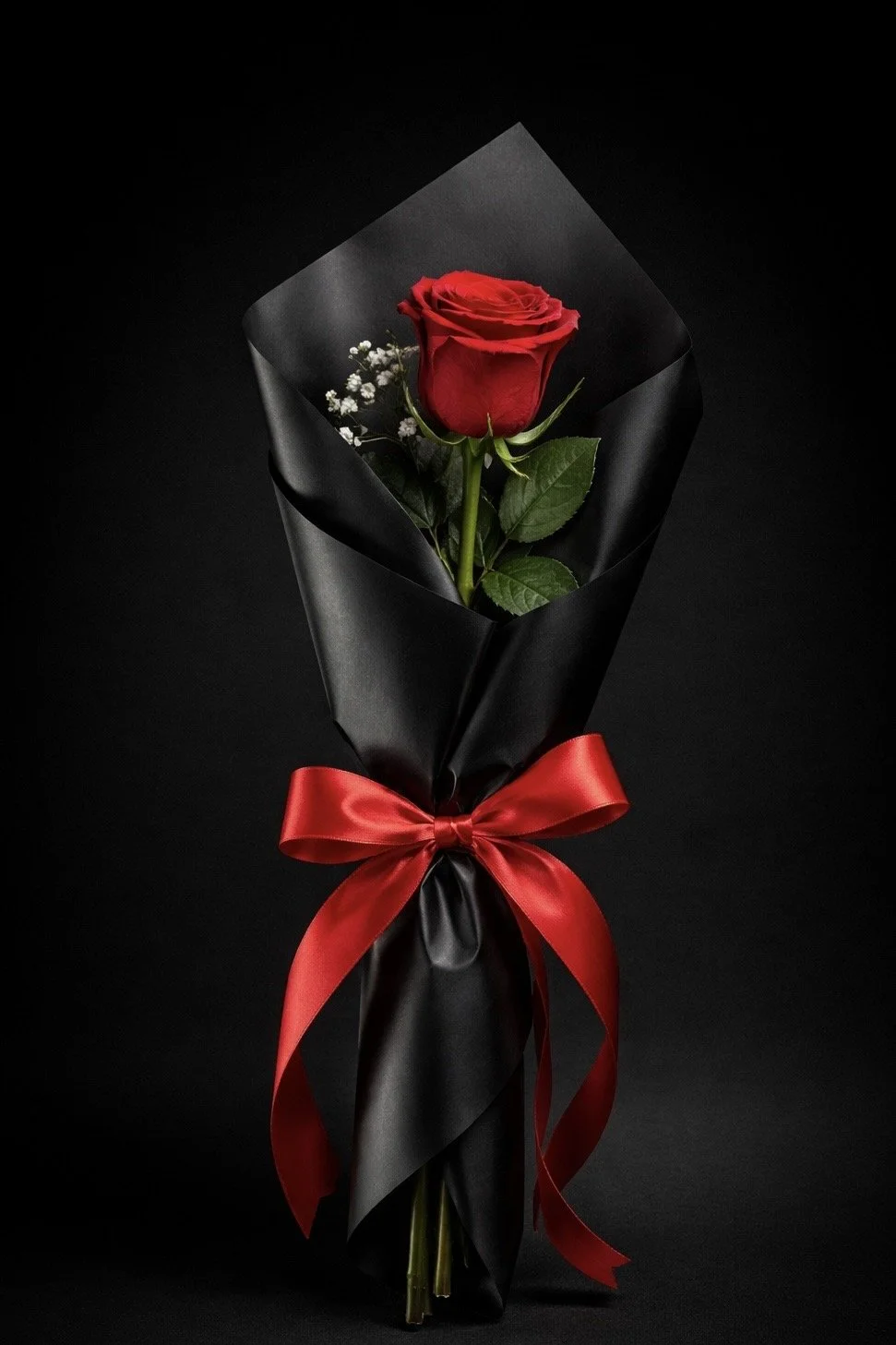 Red rose in black wrapping paper with a red ribbon, accompanied by small white flowers and green leaves, against a black background.