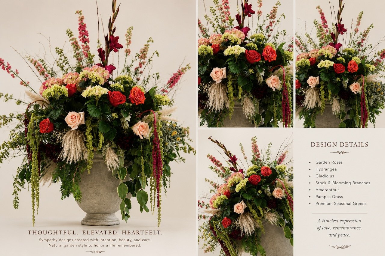 A large floral arrangement in a gray ceramic vase with roses, hydrangeas, gladiolus, stock, amaranthus, pampas grass, and seasonal greens, all arranged in a natural garden style.