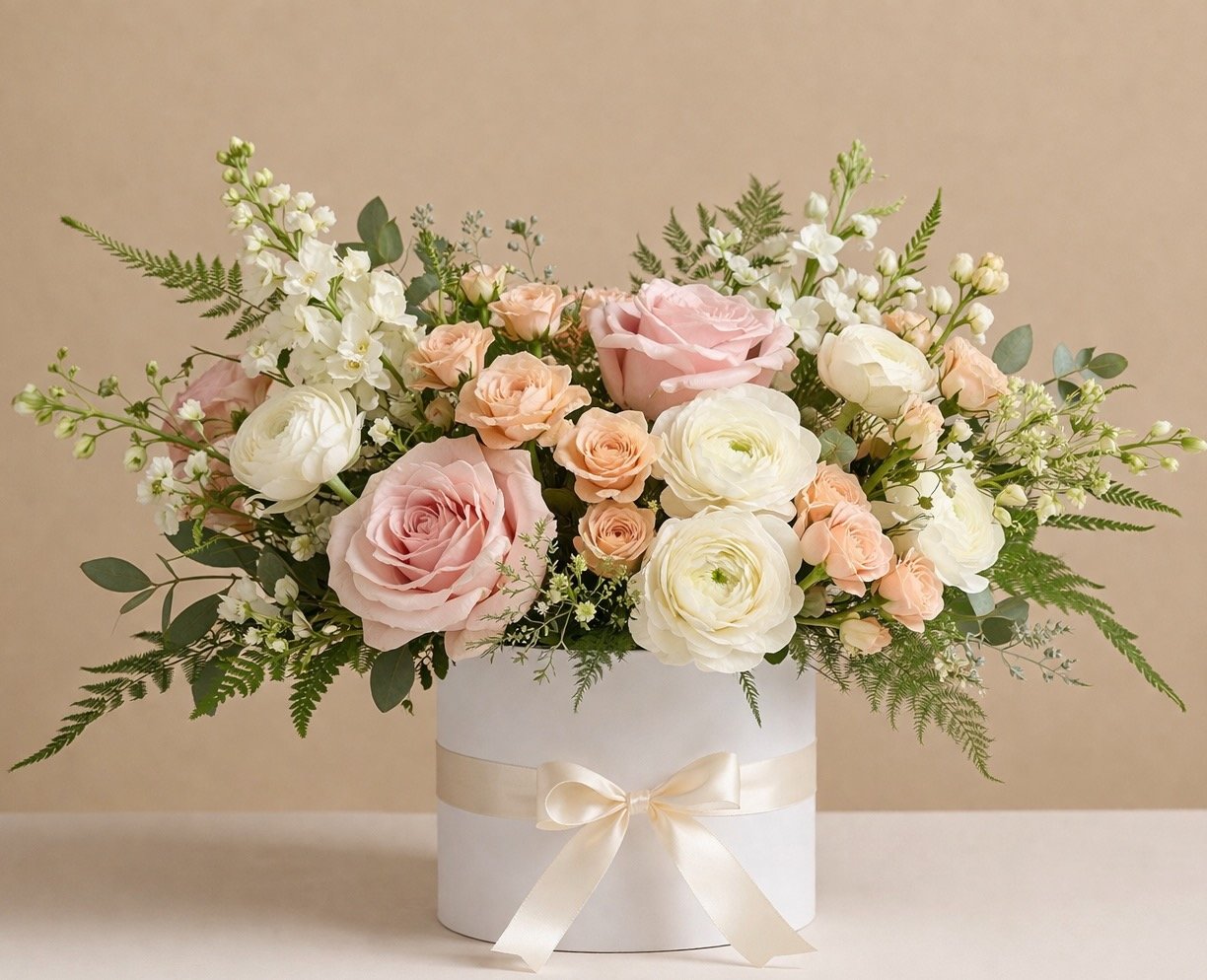 Designer’s choice floral arrangement in soft blush, peach, and cream tones in a modern container-local flower delivery