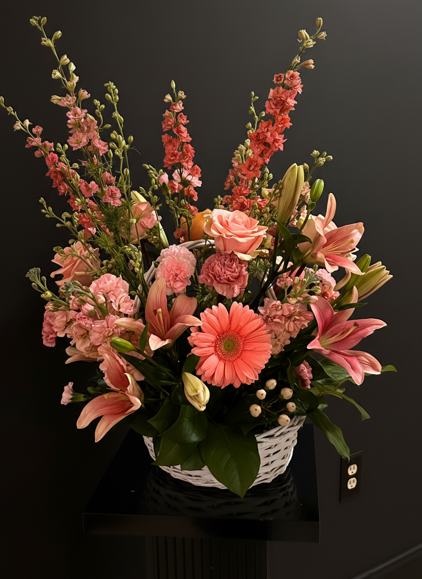 Peach Garden Tribute by Gifts of Flowers TA. Is a beautiful Sympathy tribute with an array of soft Coral and Peach Blooms