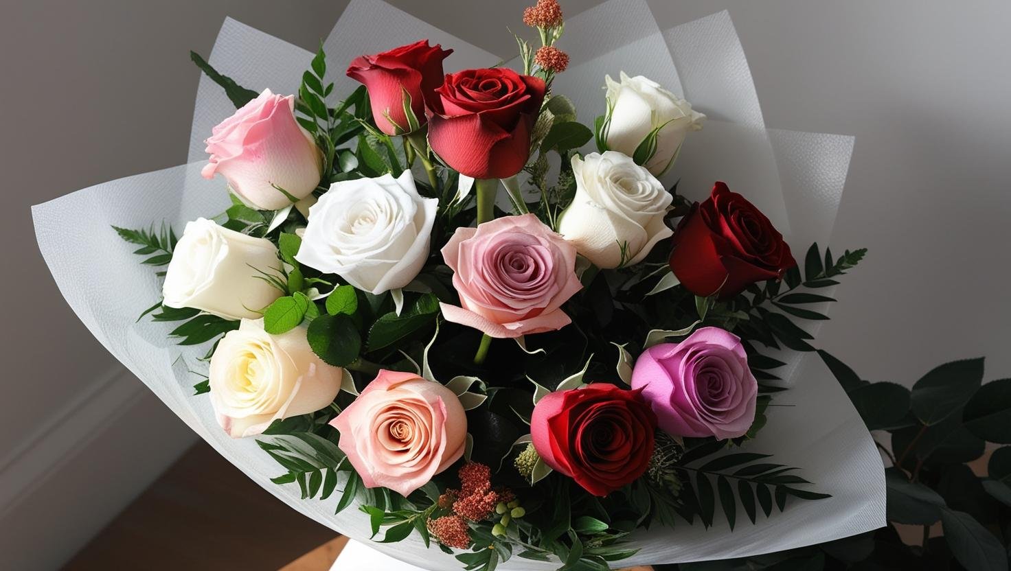 Picture a bespoke bouquet of 12 long stem roses in hues of white, pinks, and red please add greens with a few filler flowers. The bouquet is wrapped with translucent waterproof Korean style floral paper .jpeg