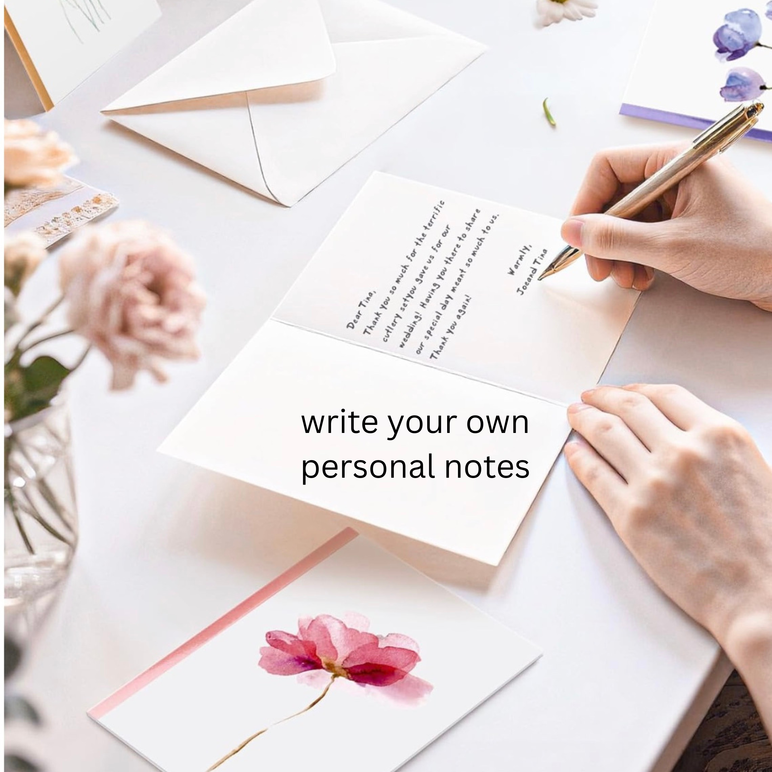 gifts of flowers blank floralcard1.png person writing on blank floral card purchased from gifts of flowers by TA