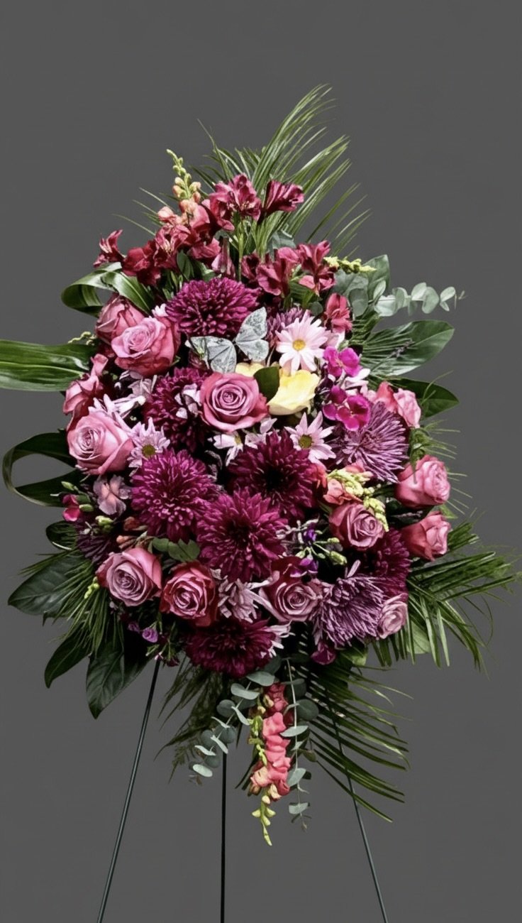 A floral arrangement with pink roses, purple dahlias, white daisies, green leaves, and pink lisianthus flowers on a gray background.