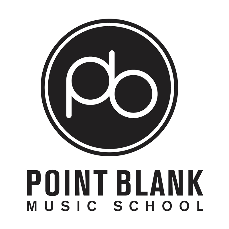Logo for Point Blank Music School with stylized lowercase 'pb' inside a circle, and the text 'Point Blank Music School' below.