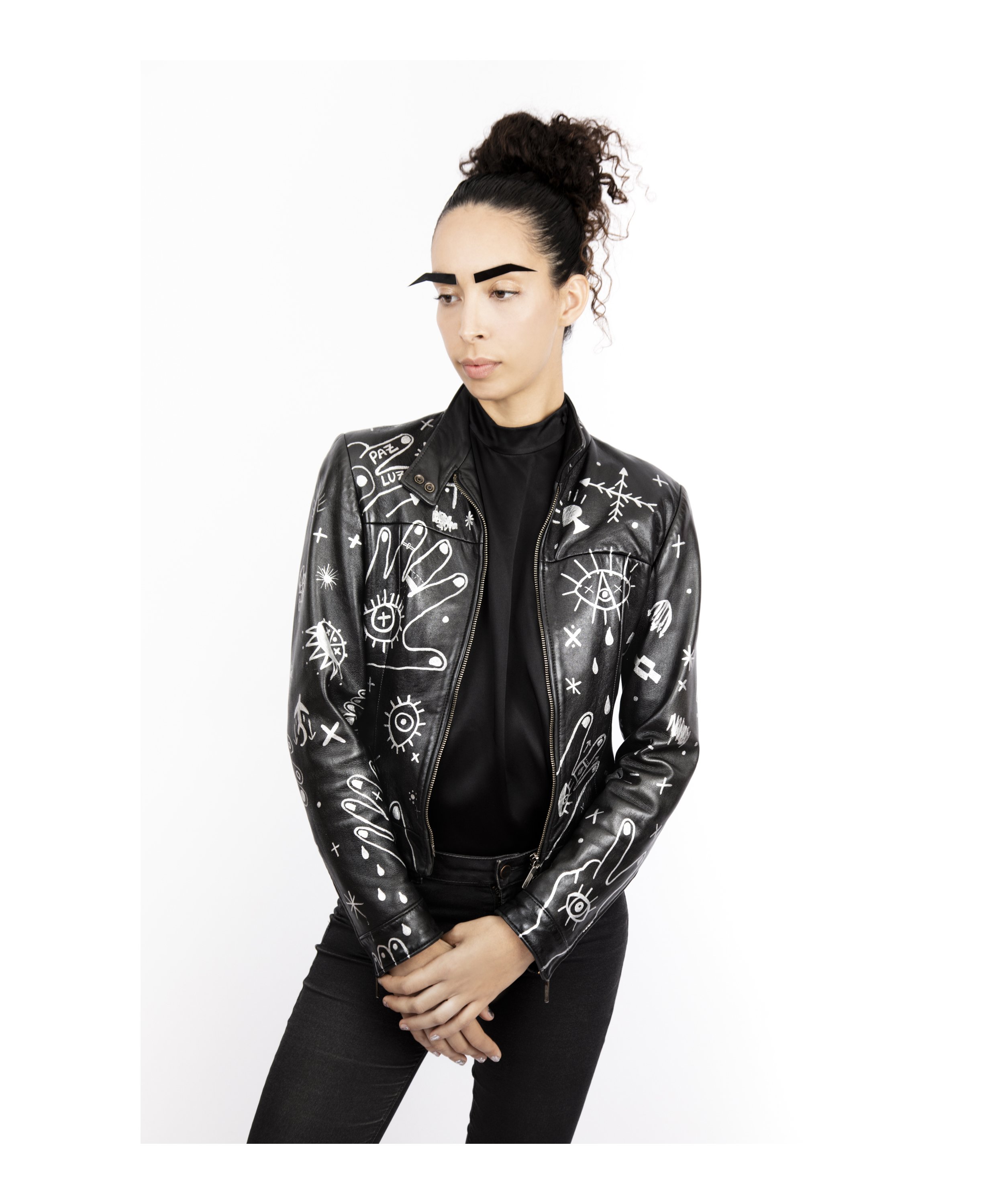 hand painted, one-of-a-kind leather jacket by artist Javiera X Estrada